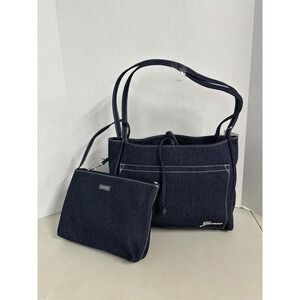 Guess Dark Wash Denim Tote Bag with Matching Zipper Pouch Contrast Stitch NWT